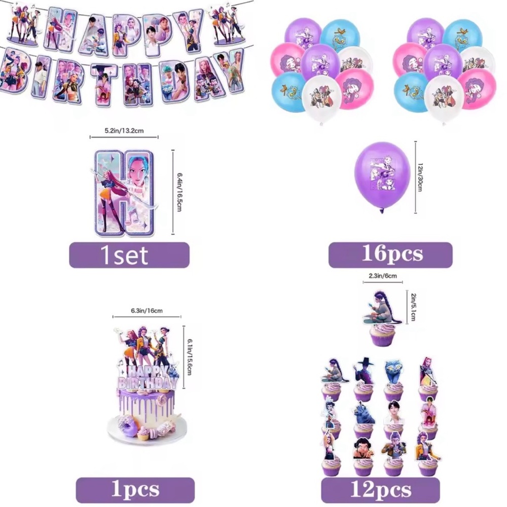 New K Pop Demon Hunters Birthday Party Set Balloons Cupcake Toppers Banner
